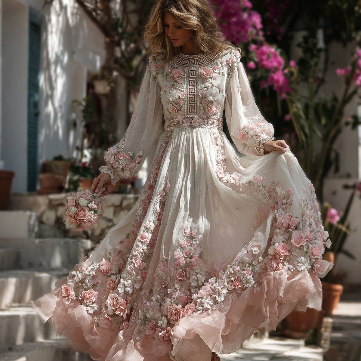 Women's Greece Vacation Greek Key With Floral Print Long Sleeve Dress
