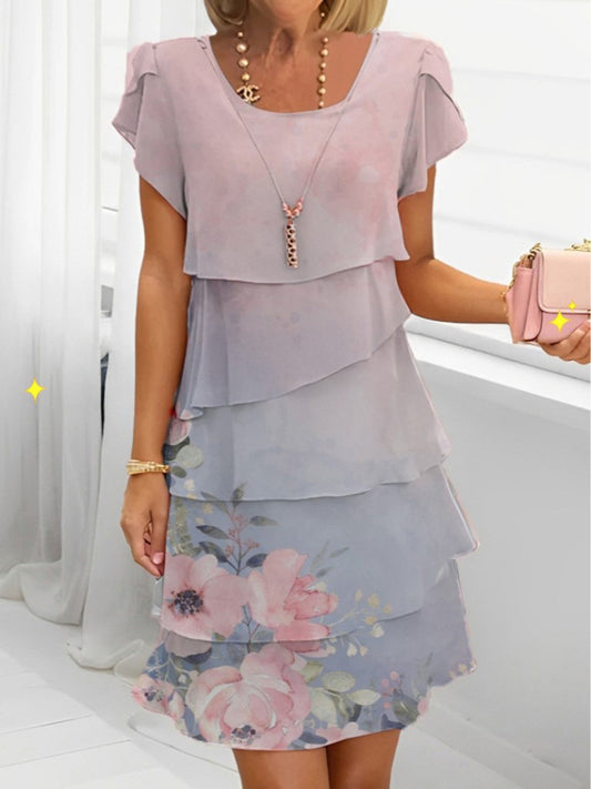 Gradient Flower Art Print Crew Neck Multi Layered Midi Dress