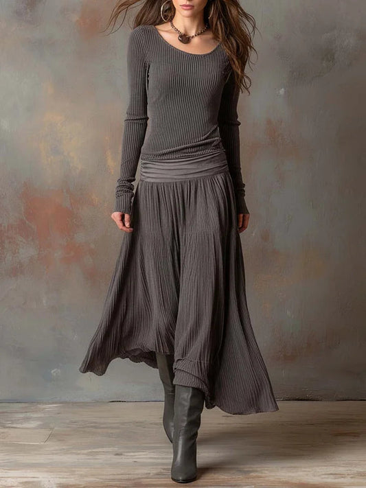 Midnight Muse Ribbed Maxi | Sculpted Bodice & Ethereal Layered Hem