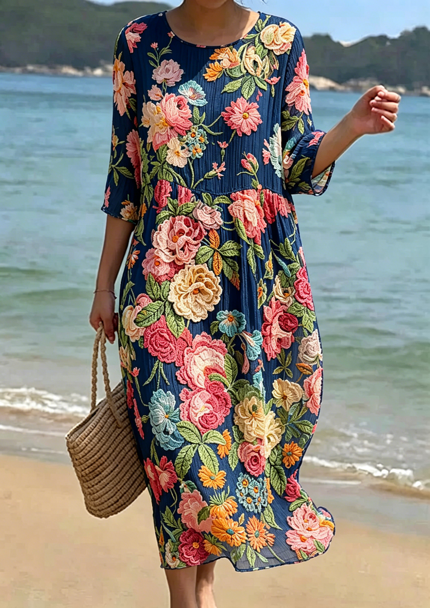 Women's Floral Embroidered Smocked Waist Midi Dress