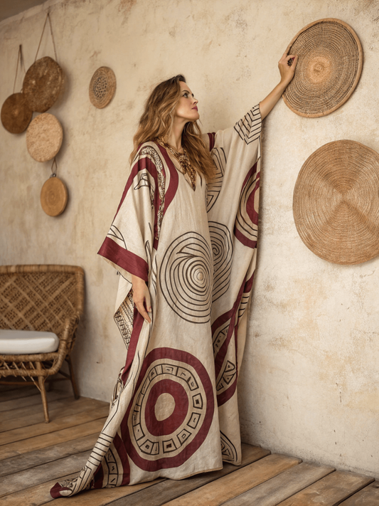 Linen Printed Kaftan Maxi Dress