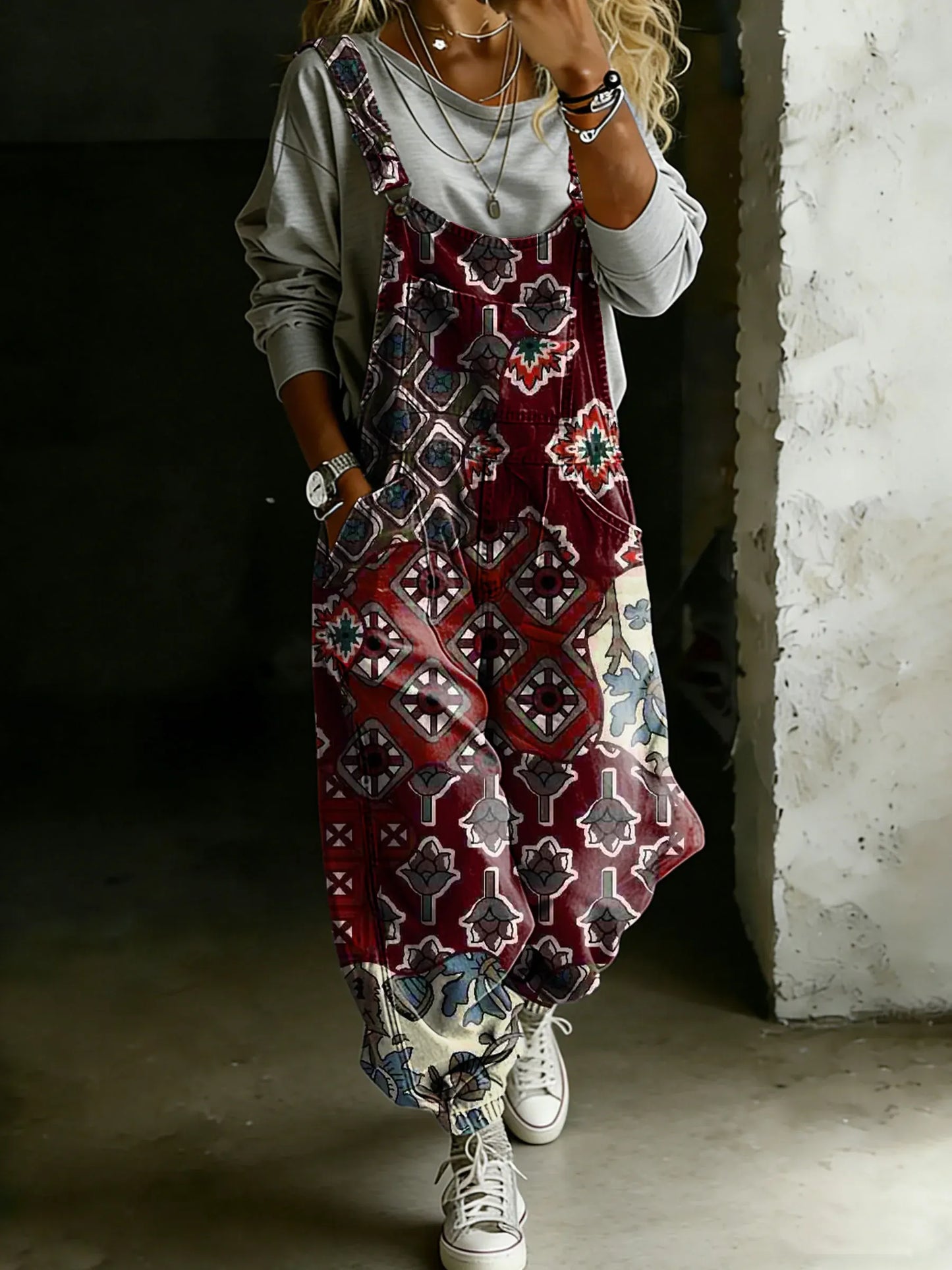 Women’s Vintage Ethnic Totem Art Print Casual One Piece Denim Jumpsuit