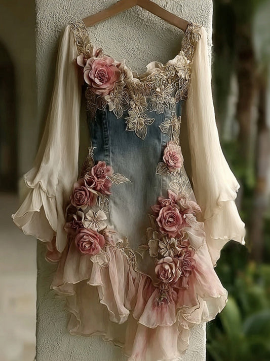 Women's Retro Floral Art Ruffle Mini Dress