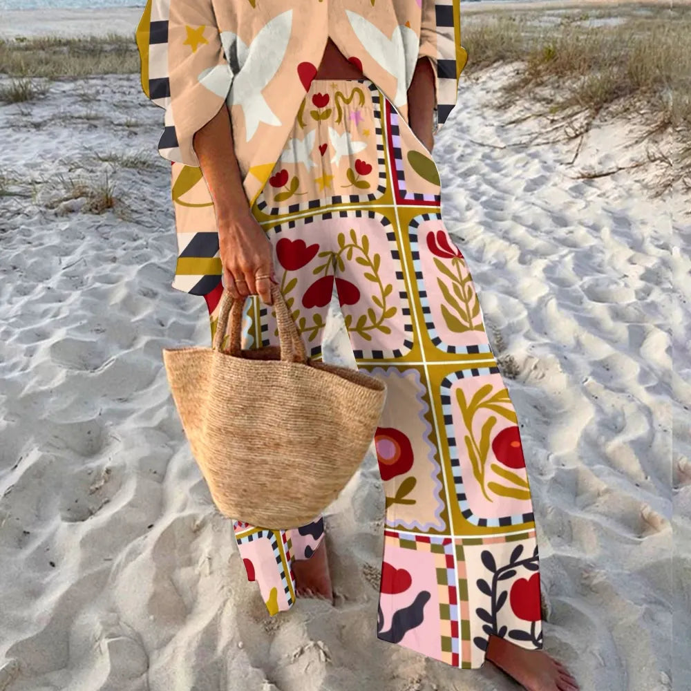 Women's Flower Printed Shirt & Pants Two-piece Set