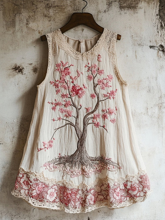 Women's Cherry Blossom Embroidery Lace Art Linen Tank