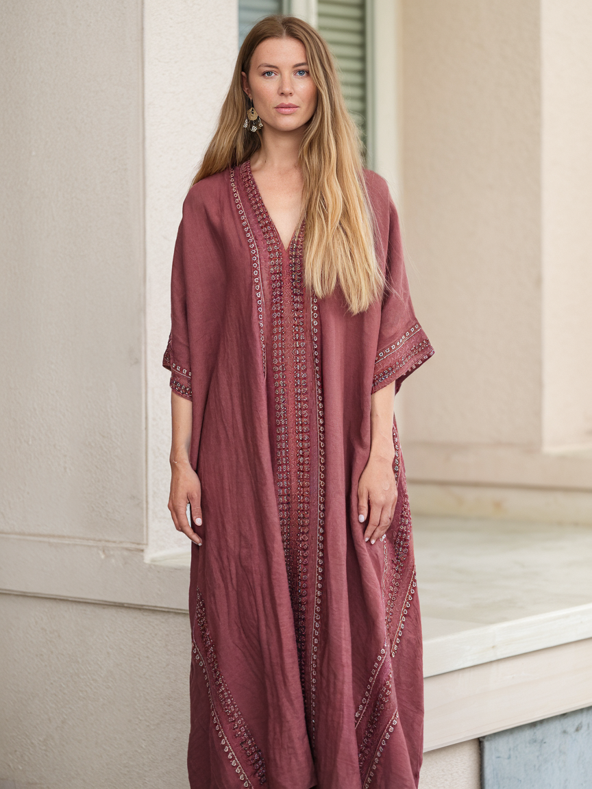 Contton & Linen Long Sleeve Kaftan Maxi Dress