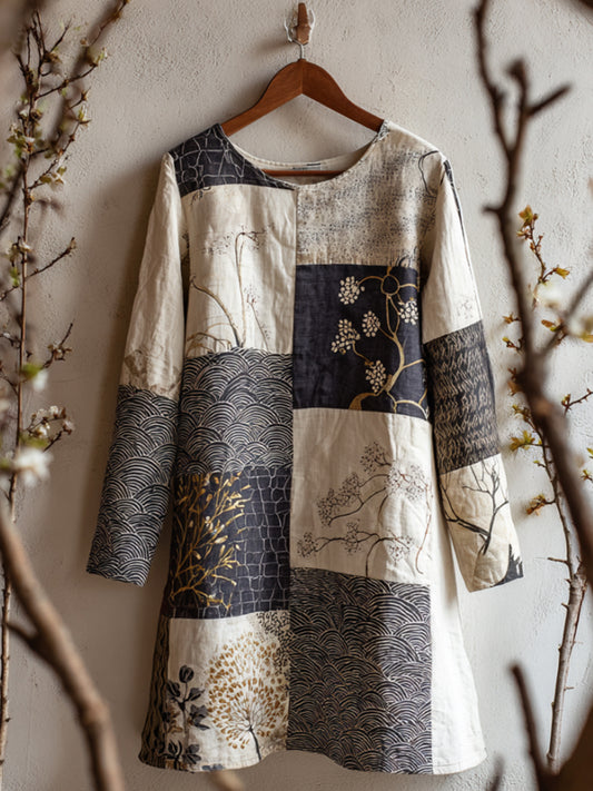 Women's Japanese Floral Patchwork Art Linen Round-neck Dress