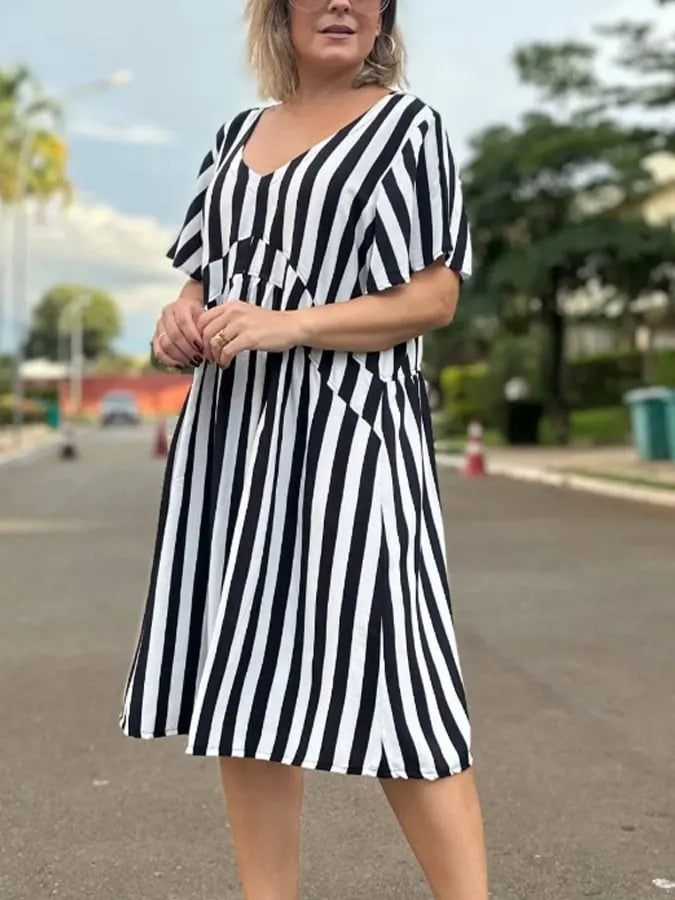 Women's Casual V-Neck Short Sleeve Striped Print Contrast Dress