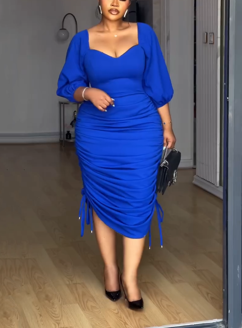 Royal Blue Ruched Bodycon Midi Dress with Puff Sleeves