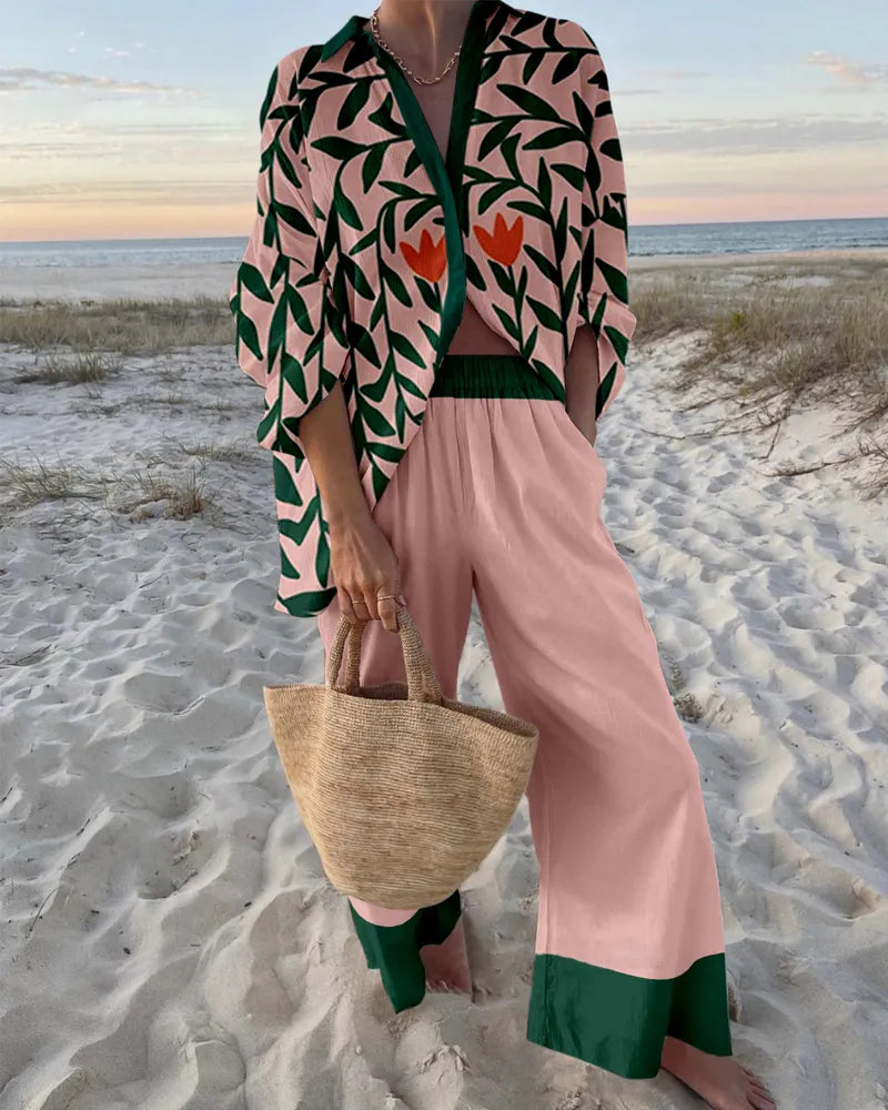 Leaf Print Shirt & Pants Two-Piece Set