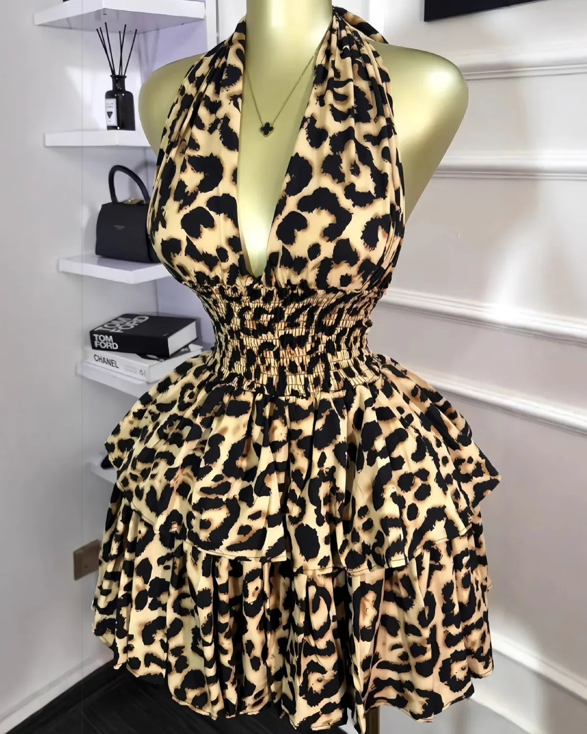 V-Neck Sleeveless Backless Waisted Pleated Puffy Mini Dress