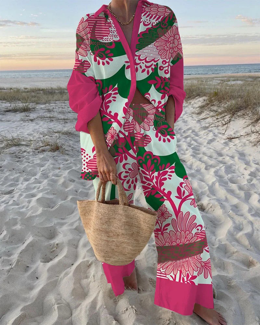 Vacation Style Pink Flower Print Shirt & Pants Two-Piece Set