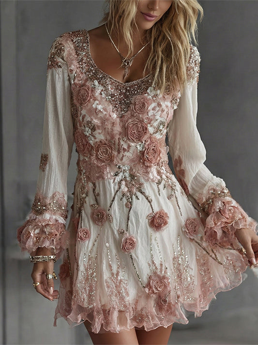 Women's Pink Flower Embroidered Art V-neck Long Sleeve Mini Dress