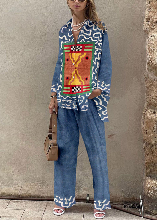 Vintage Printed Shirt & Pants Two-piece Set