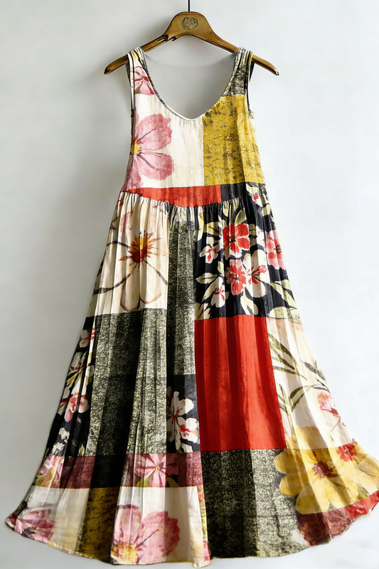 Women's Vintage Floral Colorblock Sleeveless Cotton Dress