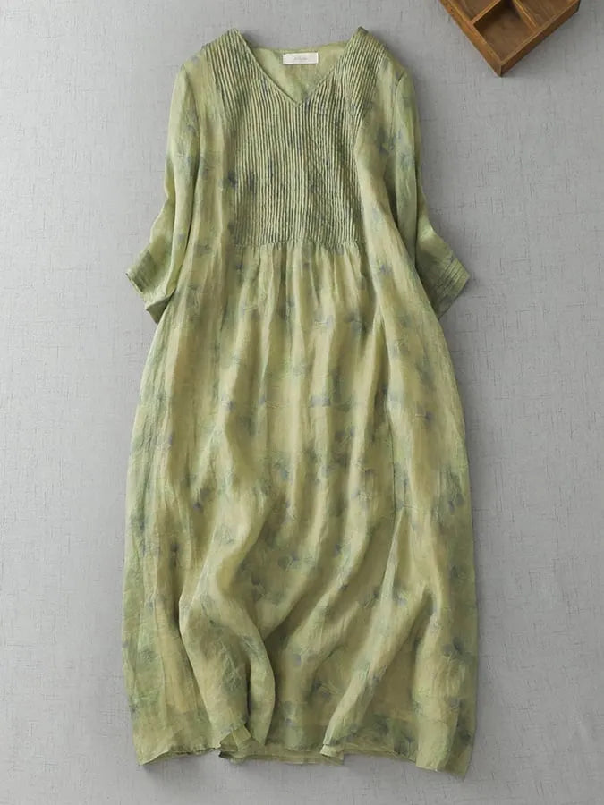 Printed V-Neck Minimalist Thin Linen A-Line Dress