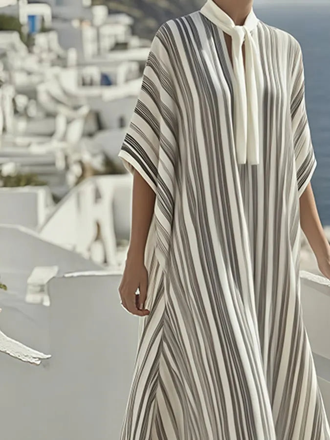 Summer Women's Cotton&Linen Tie Neck Dress