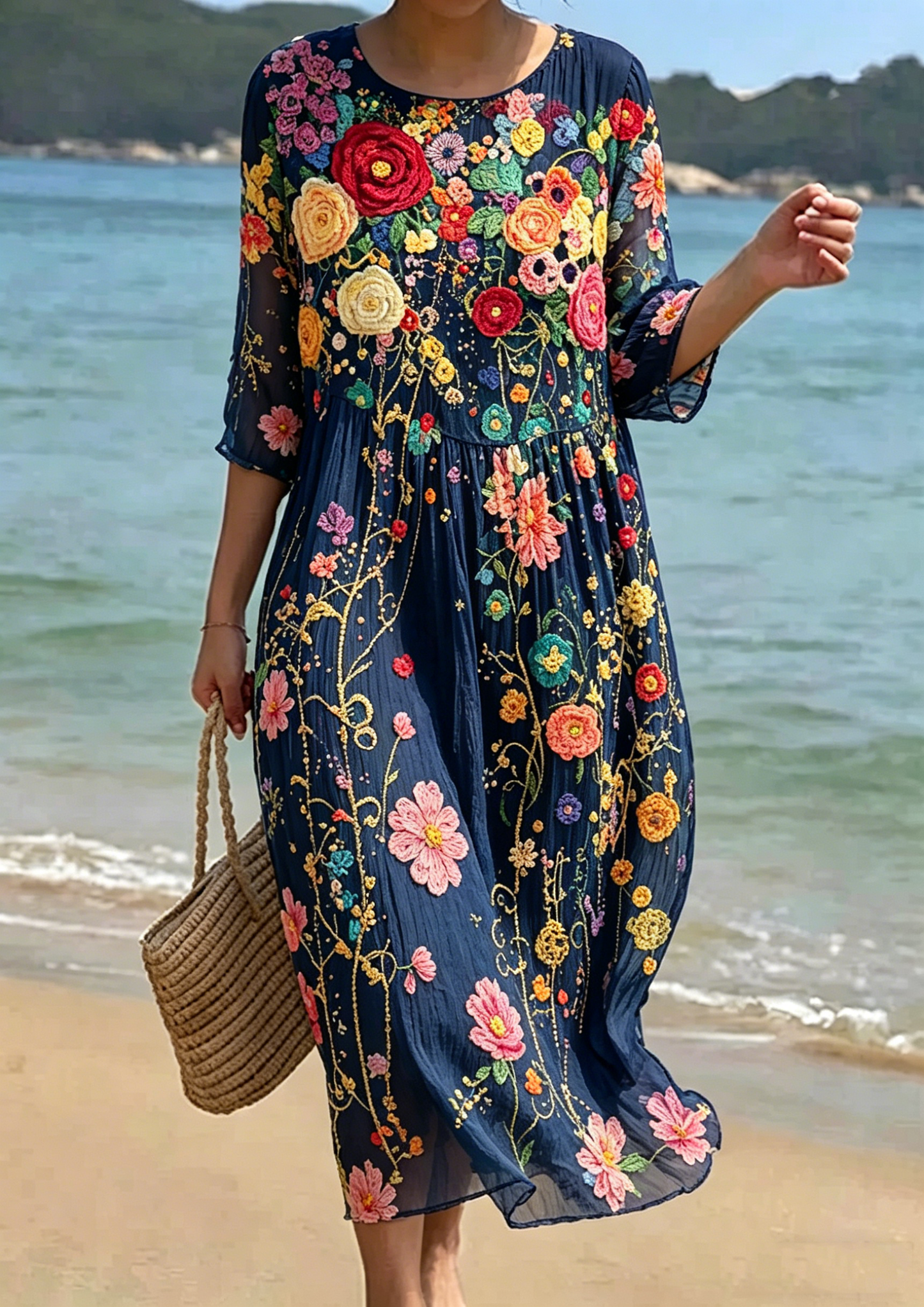 Women's Floral Embroidered Smocked Waist Midi Dress