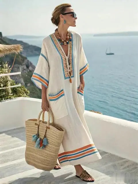 Women's Casual V-Neck Contrast Stripe Resort Dress