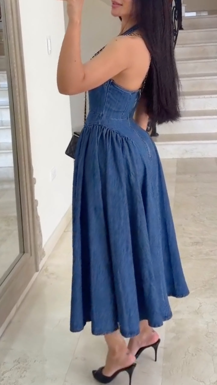 Blue Denim Halter Neck Midi Dress
