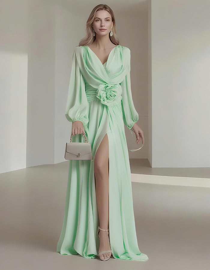 Flower Pleated Chiffon Wedding Dress Long Buff Sleeve Flowy V-neck Maxi Dress