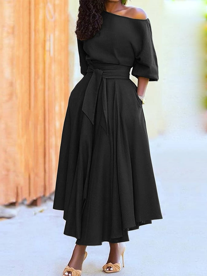 Slash Collar Tie Waist Pocket Dress