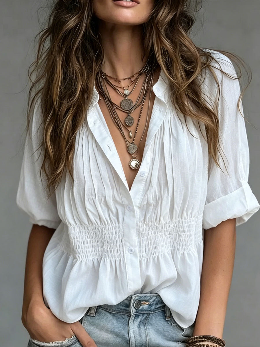 Women's Cozy Minimalist Solid-color Round Neck 100% Cotton Shirt