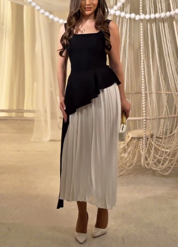 Black & White Asymmetric Peplum Pleated Midi Dress