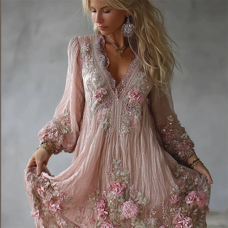 Boho Pink Roses Embroidered Lace Trim Flowy Linen Maxi Dress