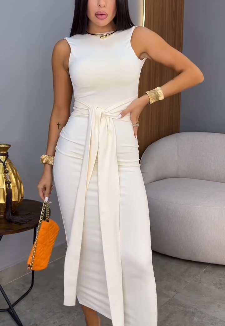 High-Neck Wrap-Tie Waist Bodycon Maxi Dress