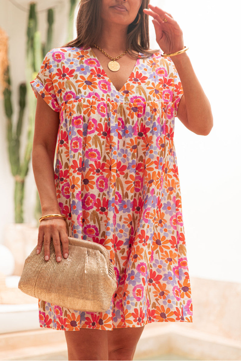 Women's Floral Print Linen Blend V Neck Mini Dress Short Cap Sleeve Loose Shift Dress for Summer Vacation