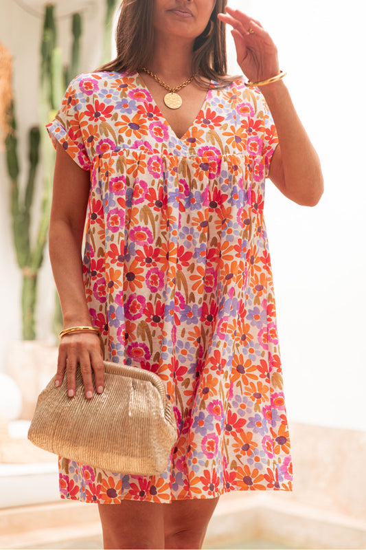 Women's Floral Print Linen Blend V Neck Mini Dress Short Cap Sleeve Loose Shift Dress for Summer Vacation