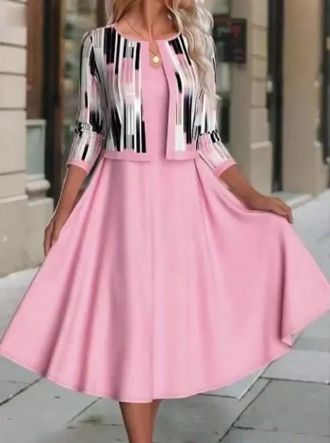 Women's Casual V-Neck Vest Dress Plus Striped Cardigan Set