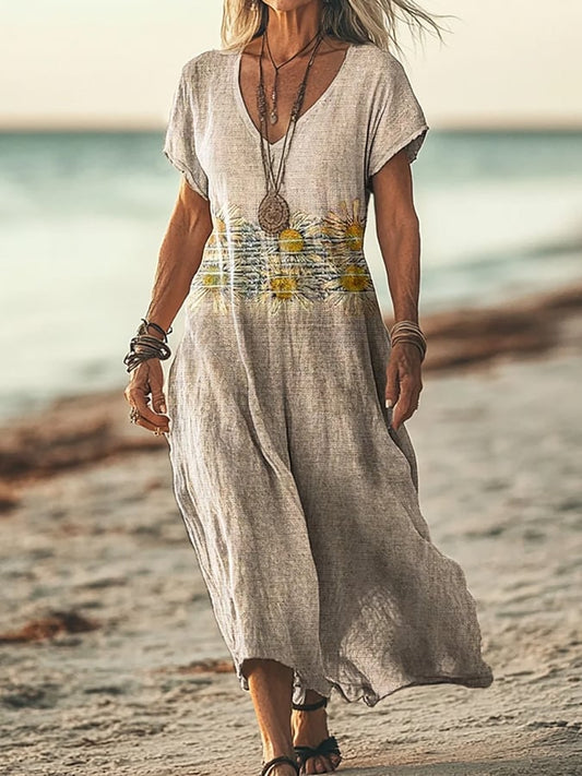 Women's Casual V-Neck Cotton And Linen Short-Sleeved Dress