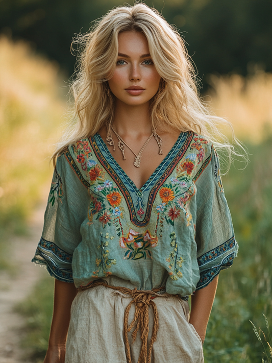 Vintage Distressed Viking Tree Of Life Linen V-neck Dress