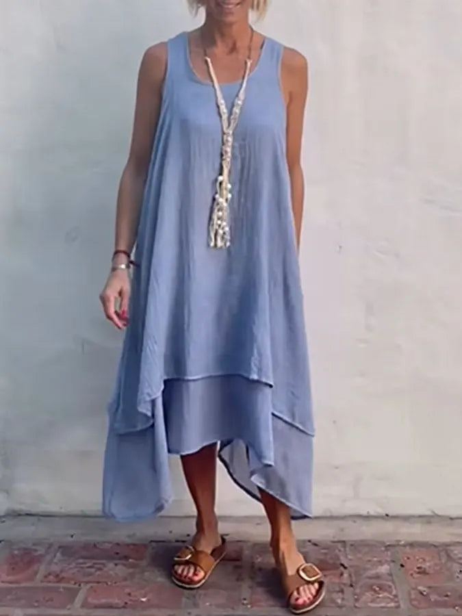 Women's Casual Solid Color Round Neck Sleeveless Splicing Irregular Hem Dress
