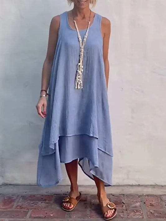 Women's Casual Solid Color Round Neck Sleeveless Splicing Irregular Hem Dress