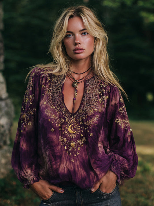 Woman's Mysterious Moon Golden Print Tie-dyed V-neck Linen Top