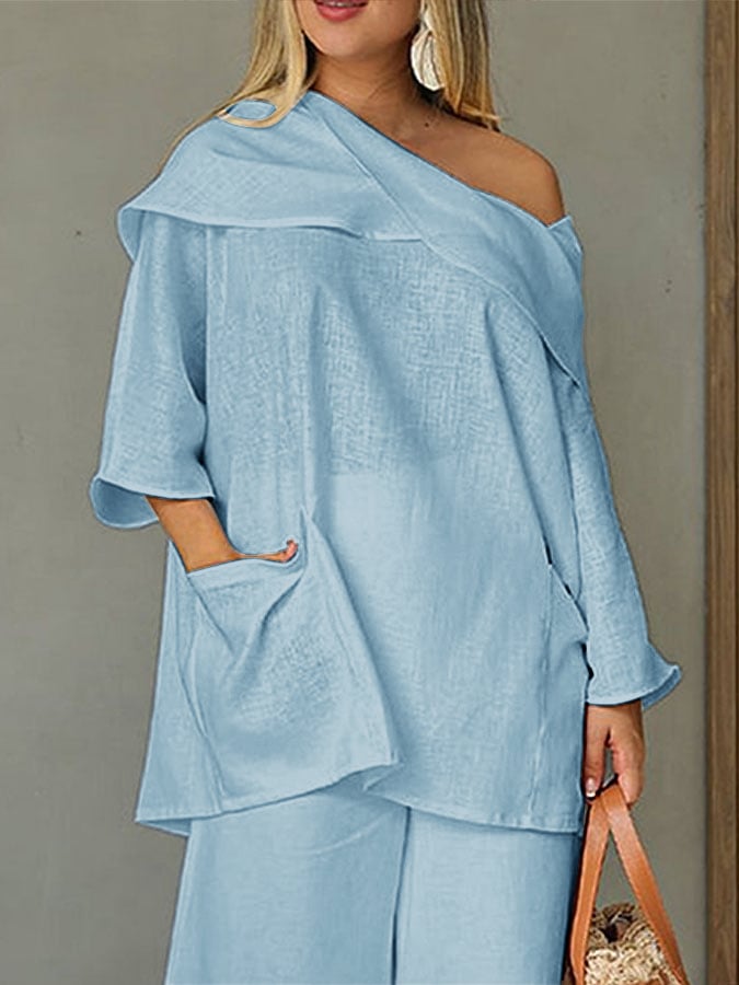 Women's Casual Solid Color Long Sleeve Cotton and Linen Top