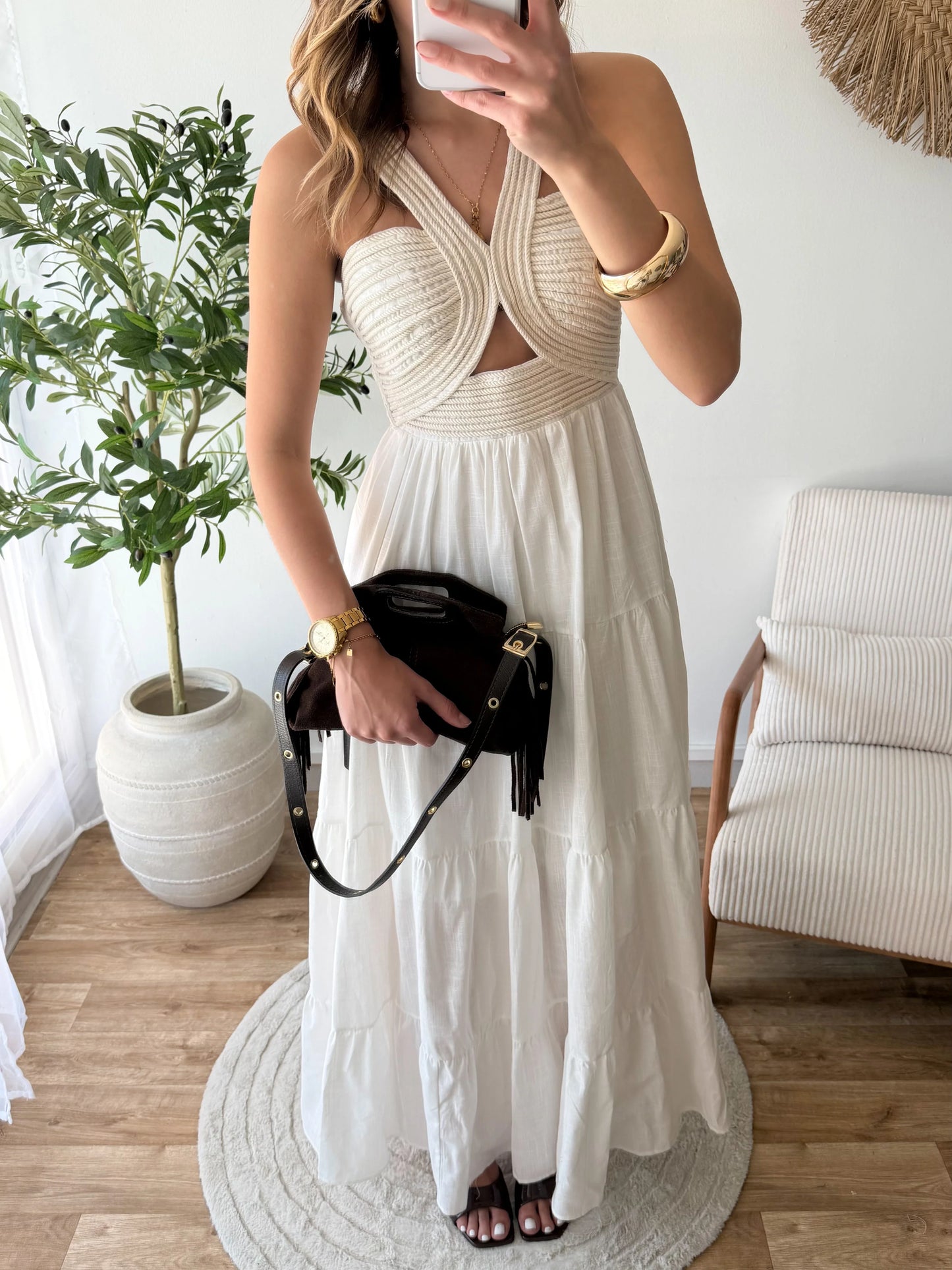 Tiered Maxi Dress with Crisscross Textured Bodice