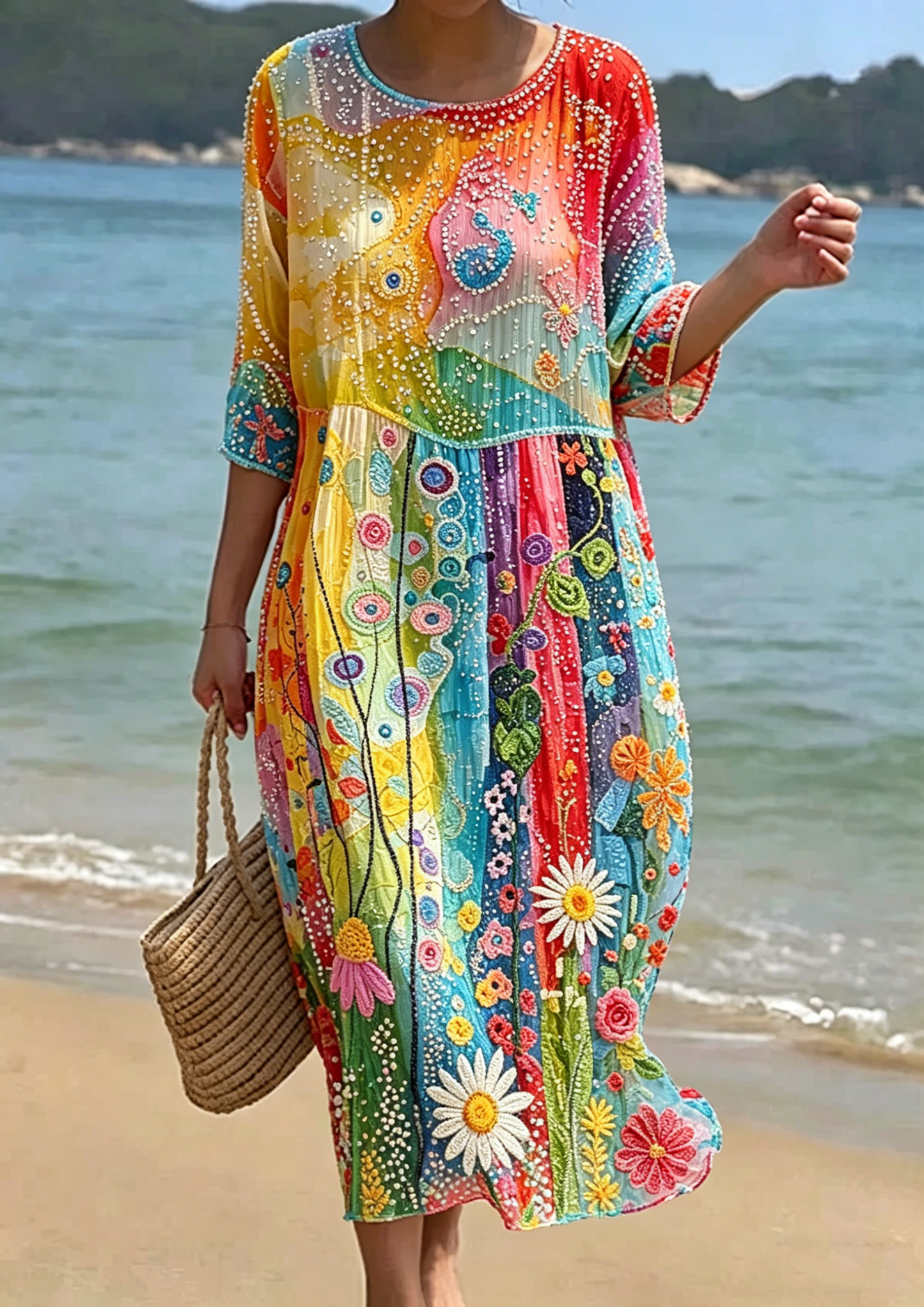 Women's Floral Embroidered Smocked Waist Midi Dress