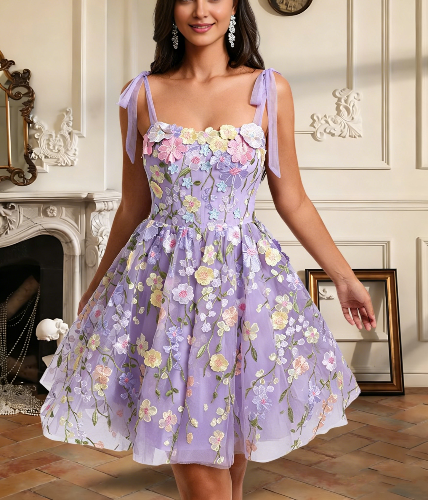 Floral Embroidered Tulle Homecoming Dress with Bow Straps