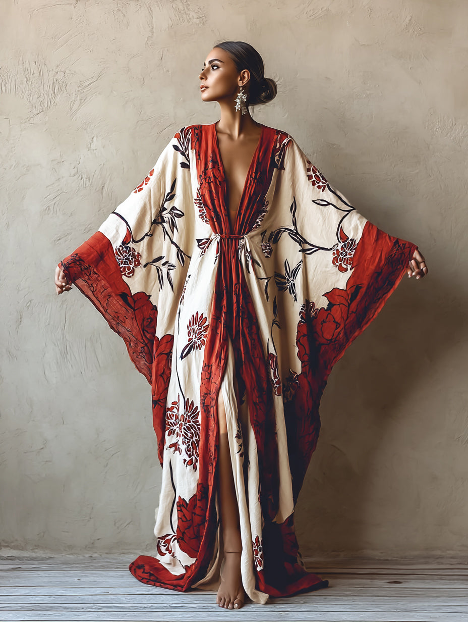 Women's Red Pincushion Flower Kimono Linen Robe (Including Belt)