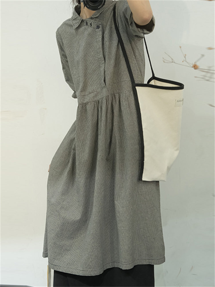 Vintage Check Pleated Linen Blend Midi Dress