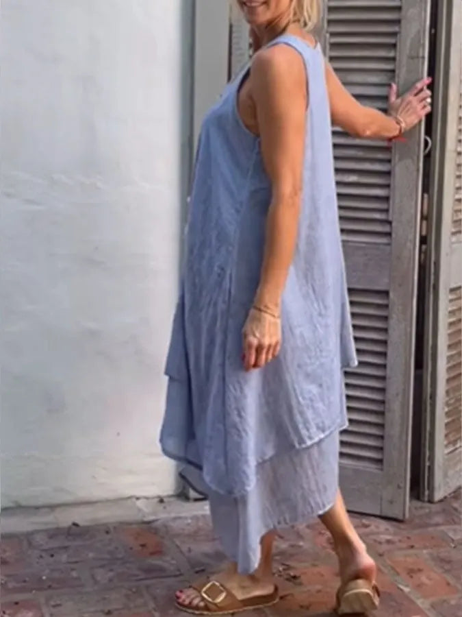 Women's Casual Solid Color Round Neck Sleeveless Splicing Irregular Hem Dress