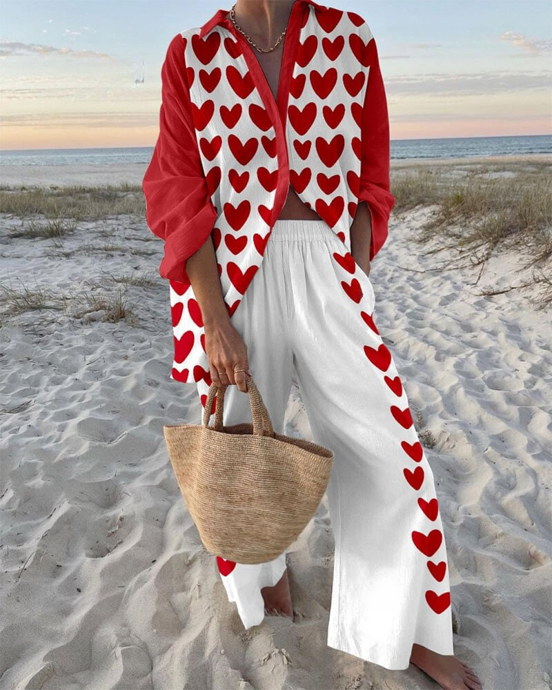 Passionate Love Print Shirt & Pants Two-Piece Set