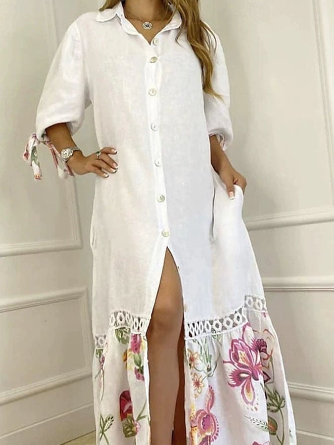 Women's Casual Floral Printed Paneled 3/4 Sleeve Shirt Dress
