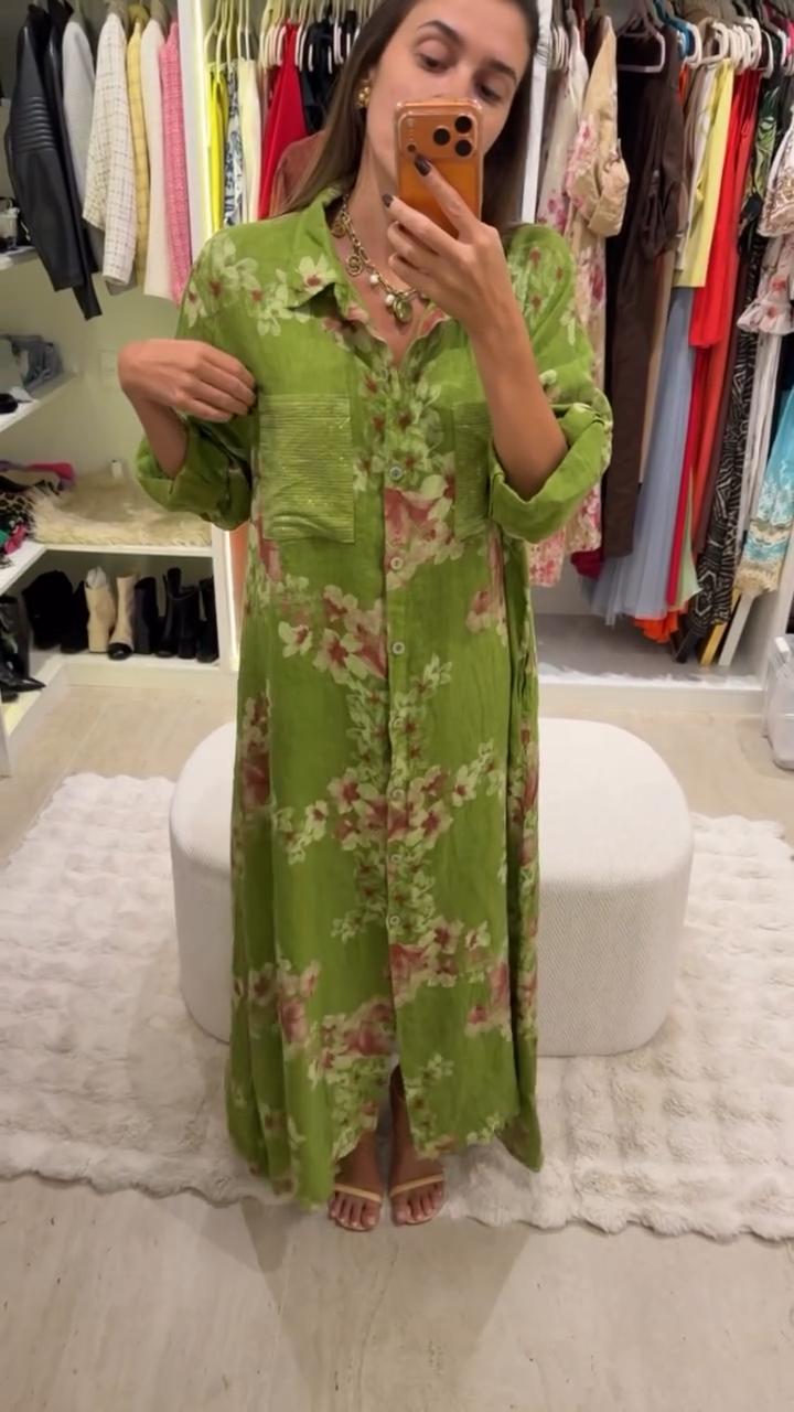 Green Floral Print Linen-Blend Shirt Maxi Dress