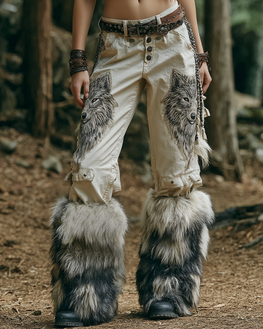 Women's Spring Viking-Inspired Embroidered Faux Fur Patchwork Design Trousers  9405
