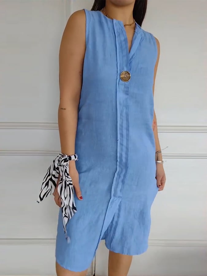 Women's Casual Button Sleeveless Cotton and Linen Dress